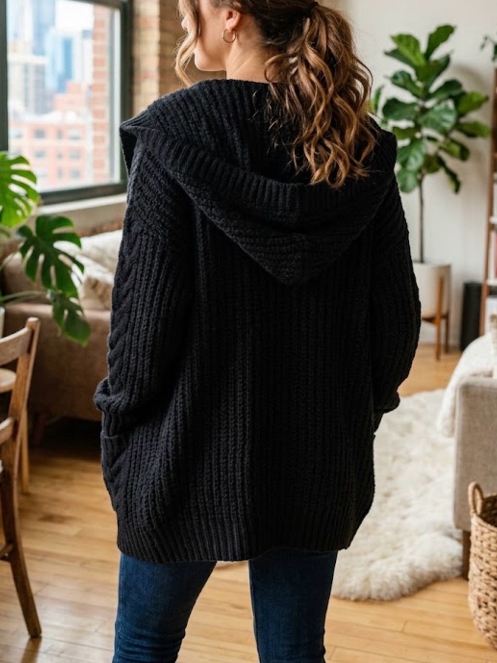 Cozy Black Hooded Knit Sweater